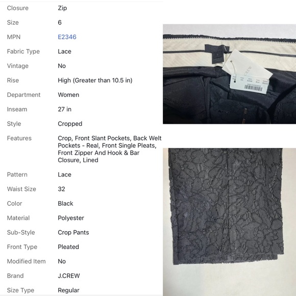NWT J Crew Collection Black Lace Pleated Front Cropped Pant Size 6 E2346 - Picture 3 of 3
